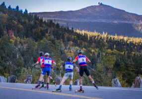 Scene from Climb to the Castle (Climb2Castle) a roller ski race/event up Whiteface Mt highway in Wilmington NY, Sept 2025. Racers included USA cross country ski team members, ski clubs, development teams, ski acadamies, college racers and citizens. NYSEF is the event co-ordinator in collaboration with NENSA and ORDA. photo by Nancie Battaglia