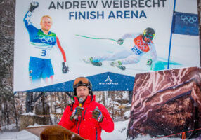 Scene on Whiteface Mt honoring local skier and Olympic medalist  Andrew Weibrecht with a ski lift named WarHorse (his nickname), and the finish area named the Andrew Weibrecht Finish Arena. IDs available. photo by Nancie Battaglia