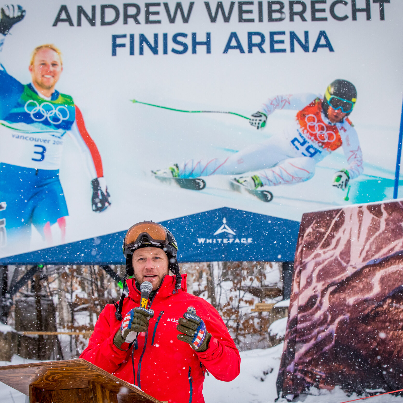 nbWeibrechtFinishEtcMR-2056 Scene on Whiteface Mt honoring local skier and Olympic medalist Andrew Weibrecht with a ski lift named WarHorse (his nickname), and the finish area named the Andrew Weibrecht Finish Arena. IDs available. photo by Nancie Battaglia